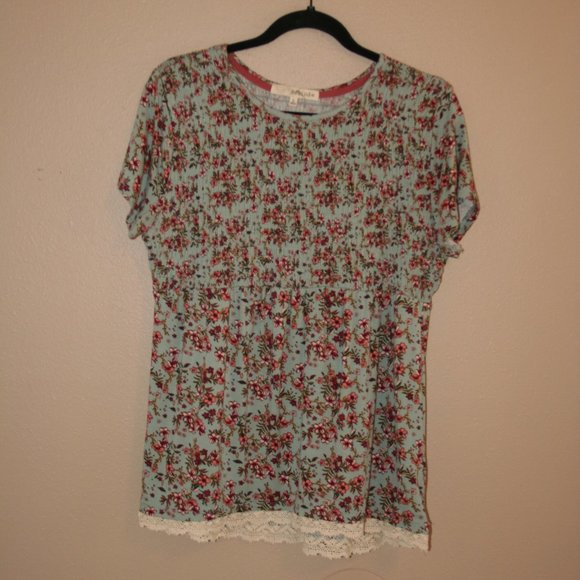 Rewind Bouquet Ditsy Floral Smocked Shirt Lace Trim Size Large - Picture 1 of 5